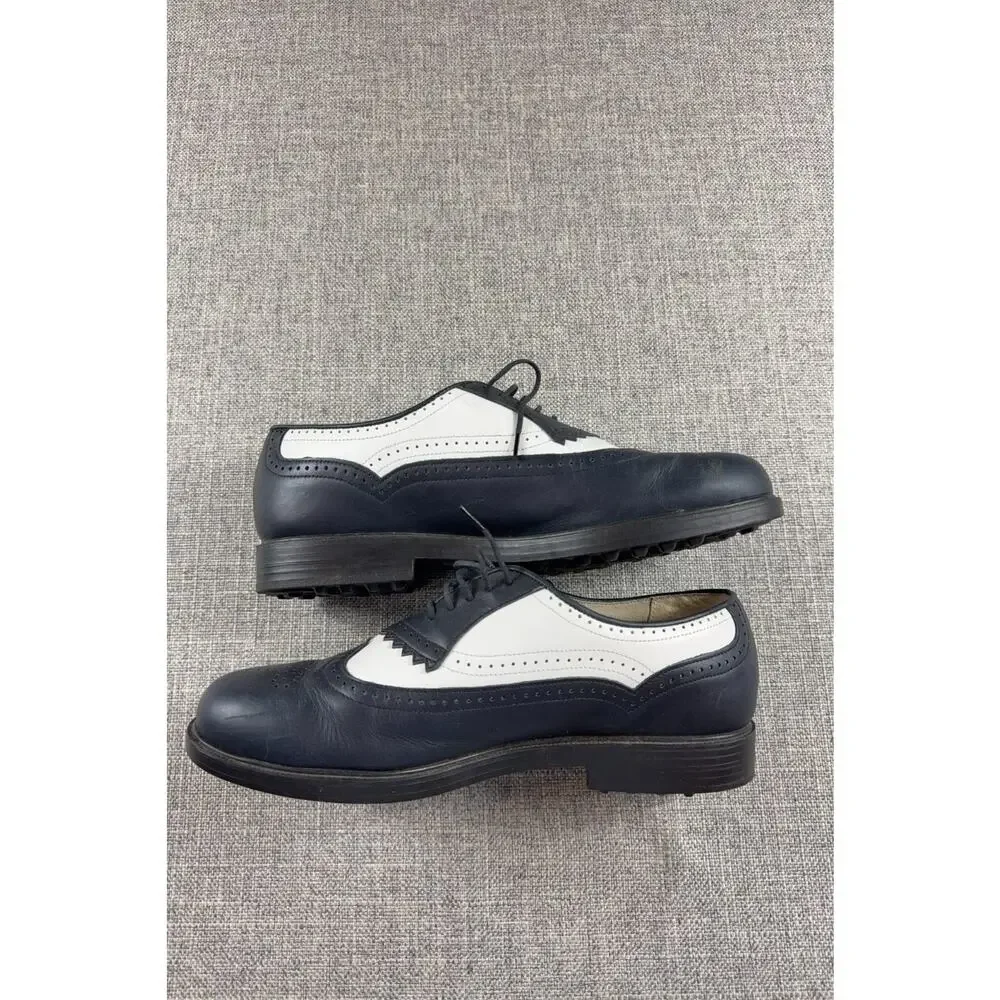 Vintage E-Z Step Golf Shoes 8.5 N Black White Leather Wingtip Made USA Brogue